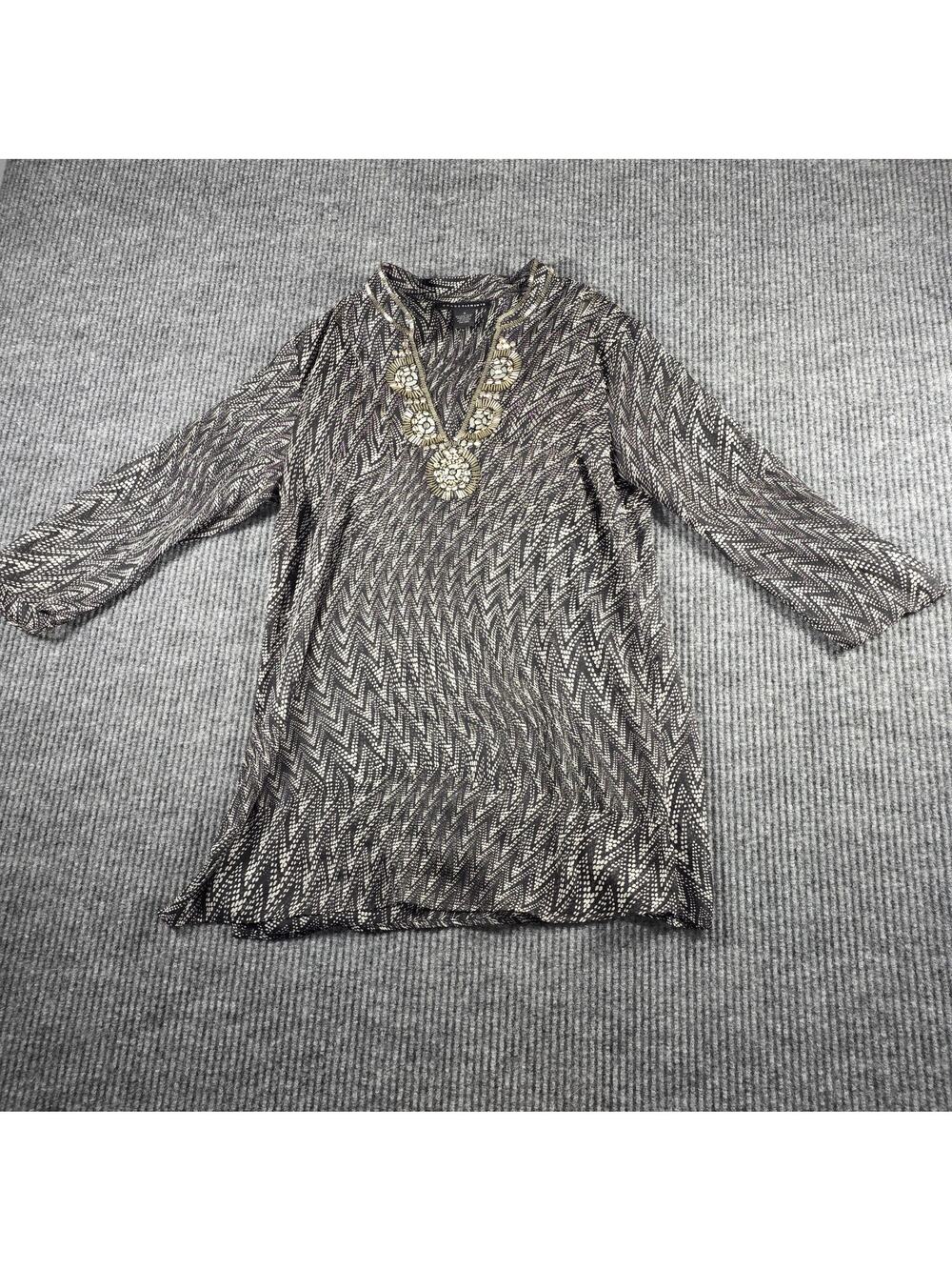 Grace‎ Elements Embellished Tunic Top Small Black White 3/4 Sleeve Boho